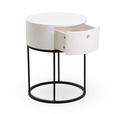 Ronda Round Bedside Table with a Drawer, Minimalist Style – with doors open