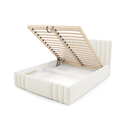 Falda Upholstered Ottoman Bed with Storage, Various Sizes in Elegant Style, Lambi Fabric – with doors open