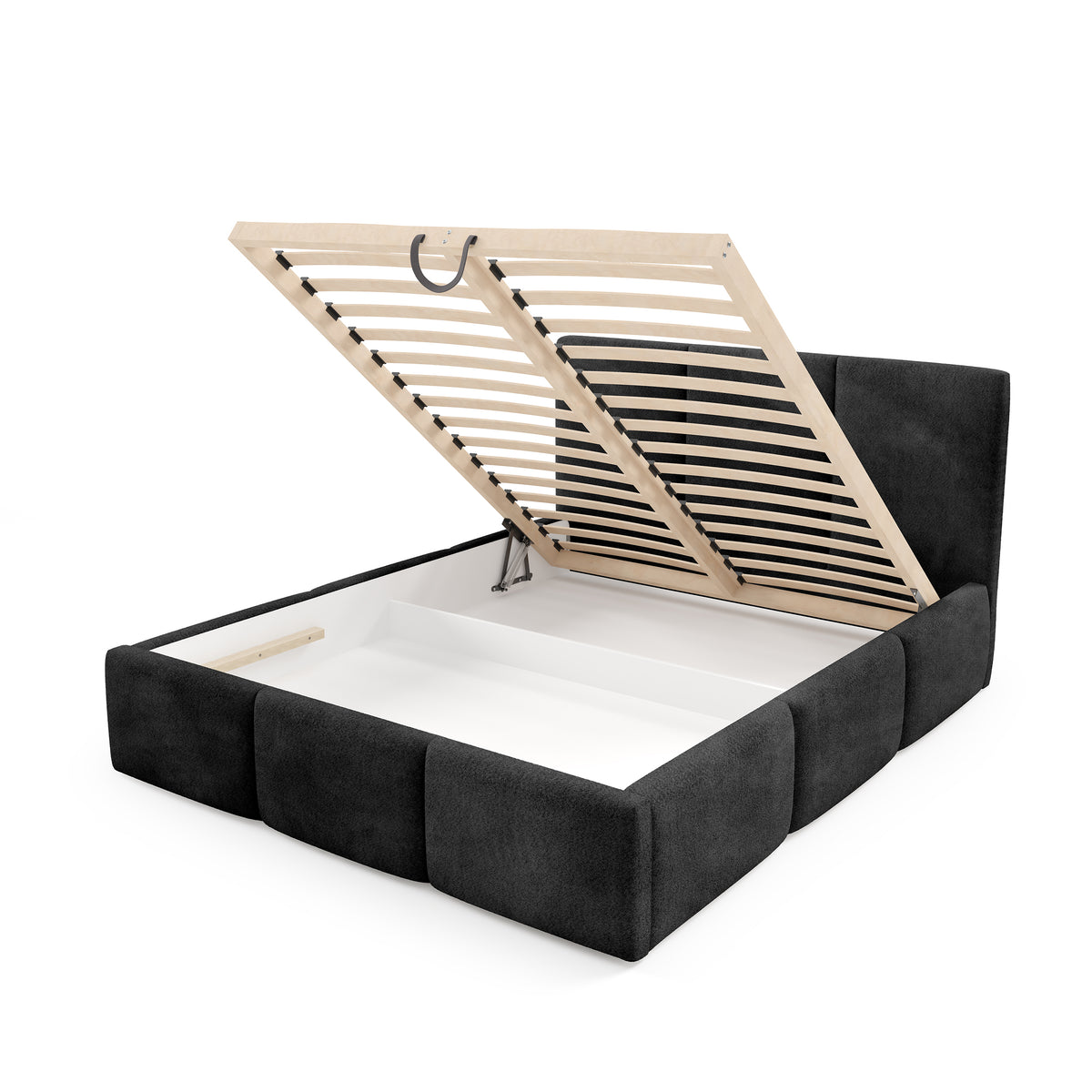 Melora Upholstered Ottoman Bed with Storage, Various Sizes in Modern Style, Coral Fabric – with doors open