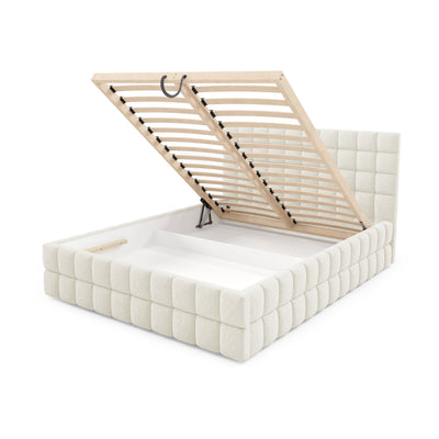 Stratus Upholstered Ottoman Bed with Storage, Various Sizes in Modern Style, Lambi Fabric – with doors open