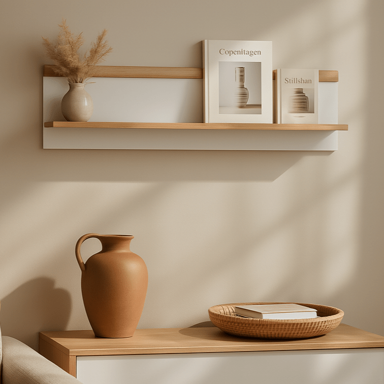 Lato Wall Shelf 107x20 cm, Scandinavian Style – Riviera Oak and White, Minimalist Form – in a room setting