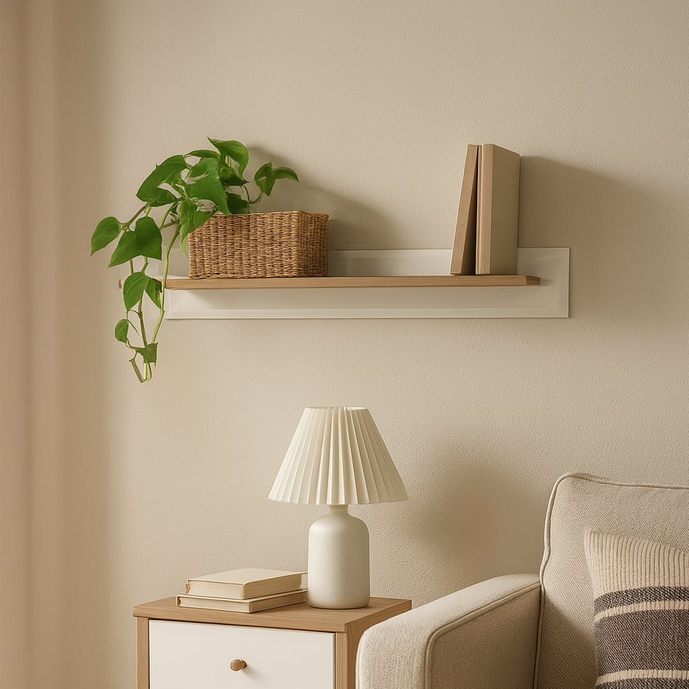 Trava Wall Shelf 107x19 cm, Modern Style – Artisan Oak, Decorative and Functional, White Gloss – in a room setting