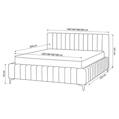 Drevy Upholstered Ottoman Bed with Storage, Modern Style – Fresh Velvet, Vertical Stitching – dimensions drawing