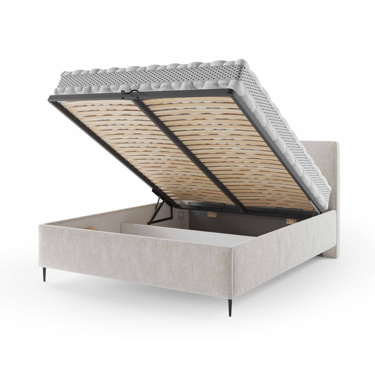 Hatti Upholstered Ottoman Bed with Storage, Minimalist Style – with doors open