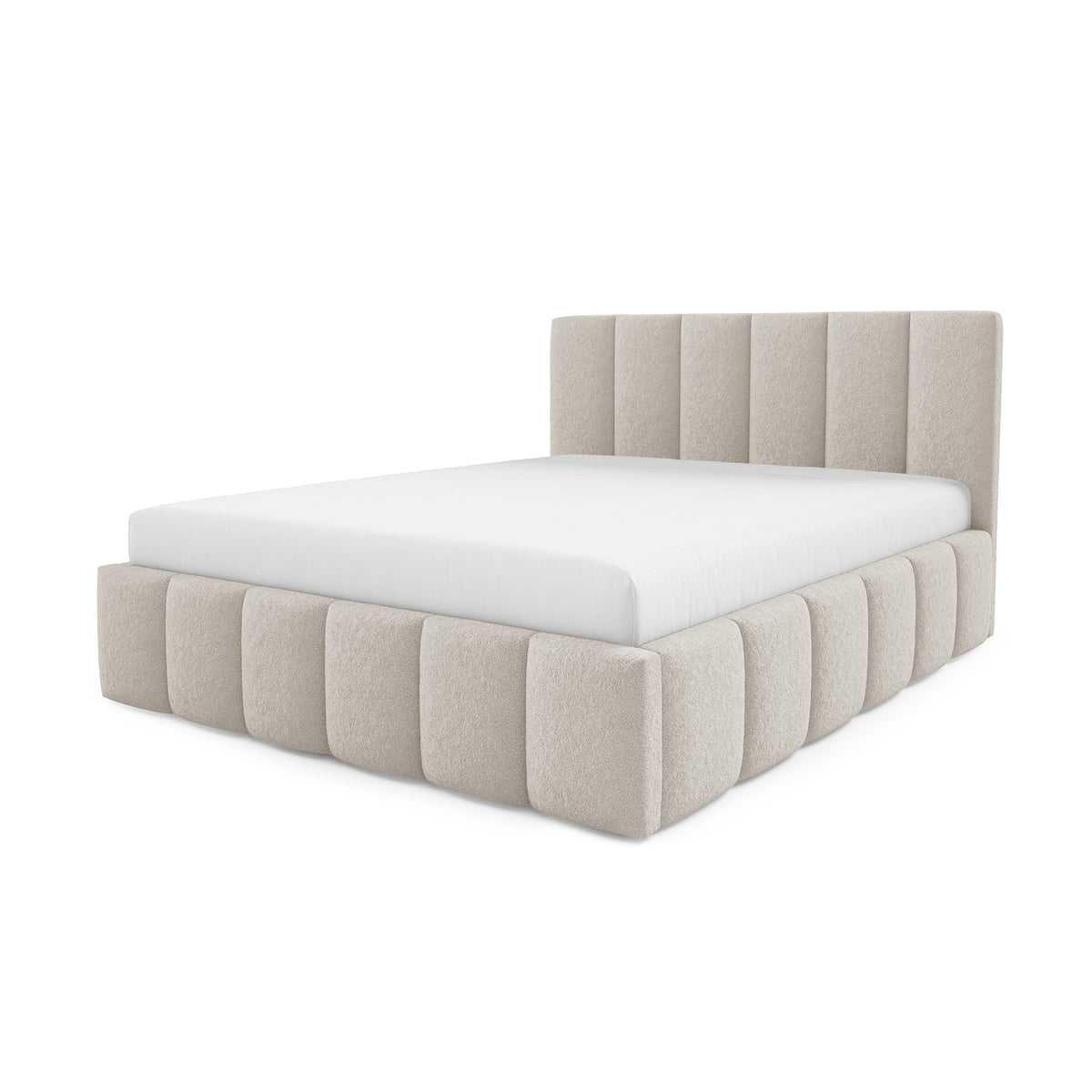 Nerom Quilted Upholstered Ottoman Bed with Bedding Storage, Various Sizes in Elegant Style, Lambi Fabric – Sandy Linen (LAMBI 05)