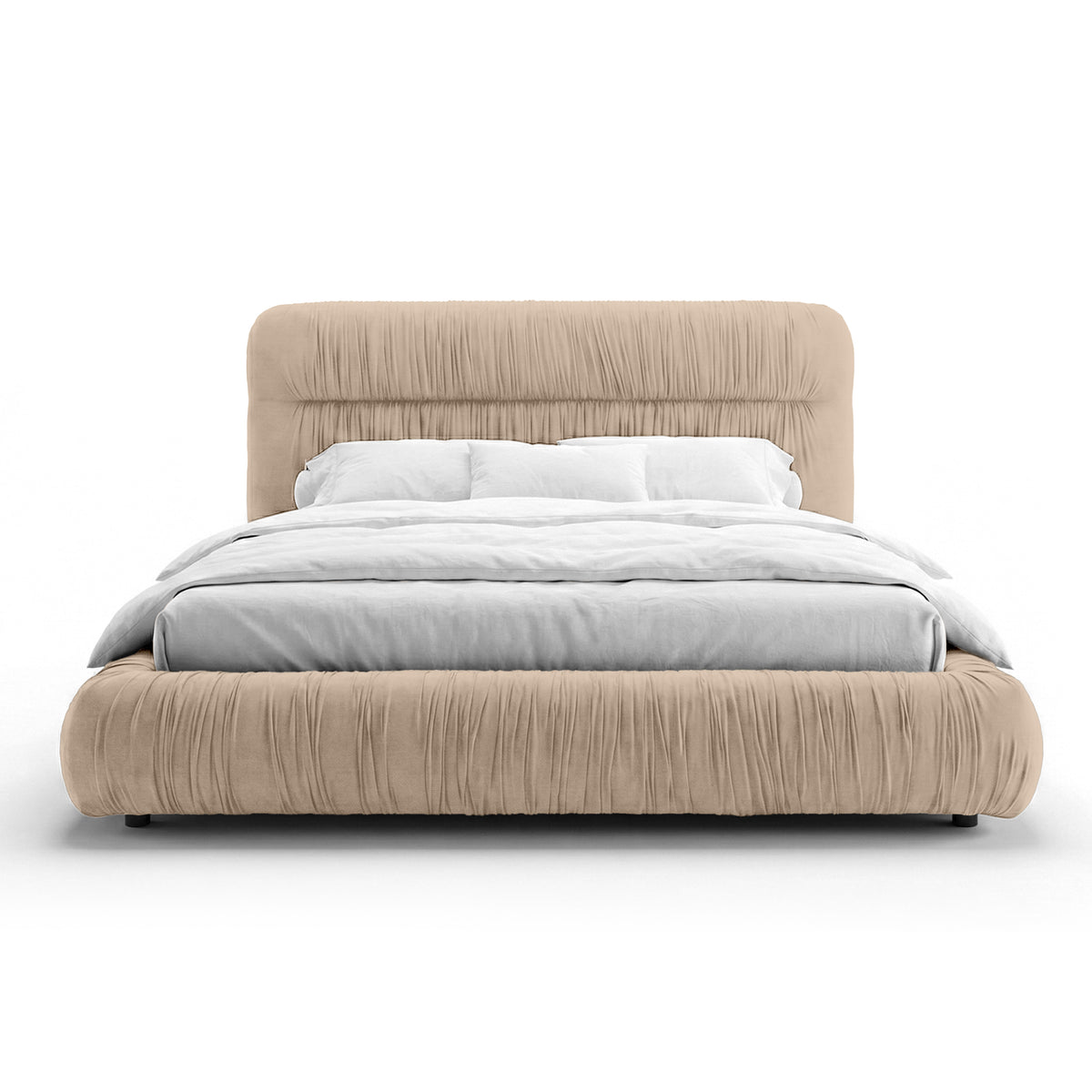 Drapori Upholstered Pleated Ottoman Bed with Storage, Modern Style – Warm Parchment (MAGIC VELVET 2244)