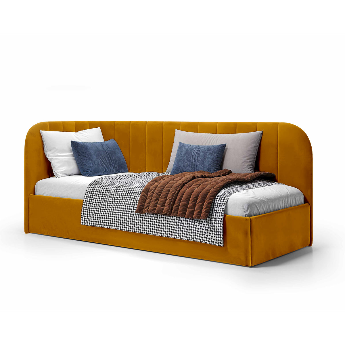 Mily Corner Ottoman Bed with Storage 101x212, Scandinavian Style – Right, Amber Ochre (SALVADOR 09)