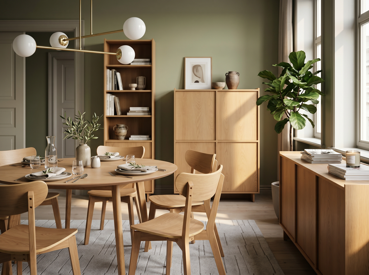 Bright dining room with a Krel table and wooden chairs, Kyro sideboards and bookcase and an Orbitella lamp