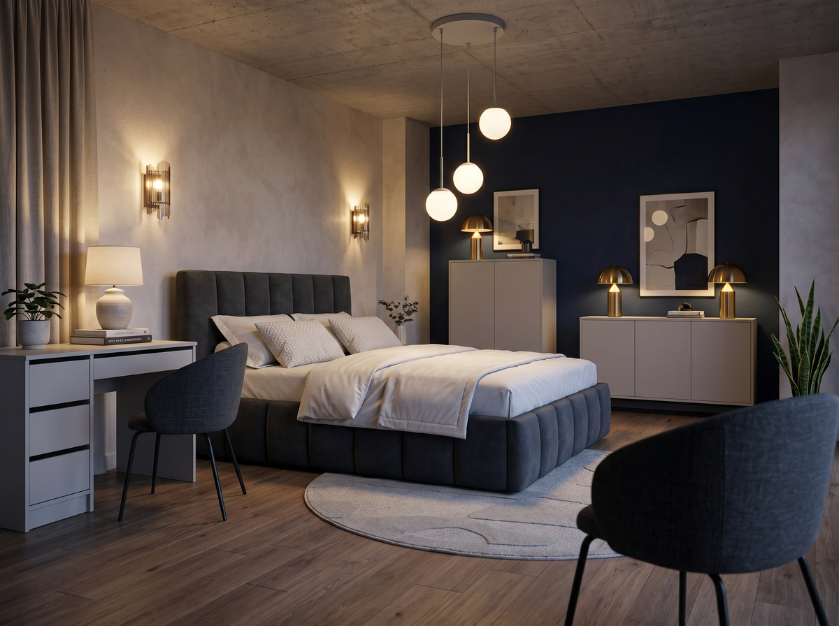 Modern, cosy navy bedroom with a Nerom upholstered bed, an Adia desk and a Delmo chair, completed by Beja chests of drawers, a round Noria rug and a Triella pendant lamp