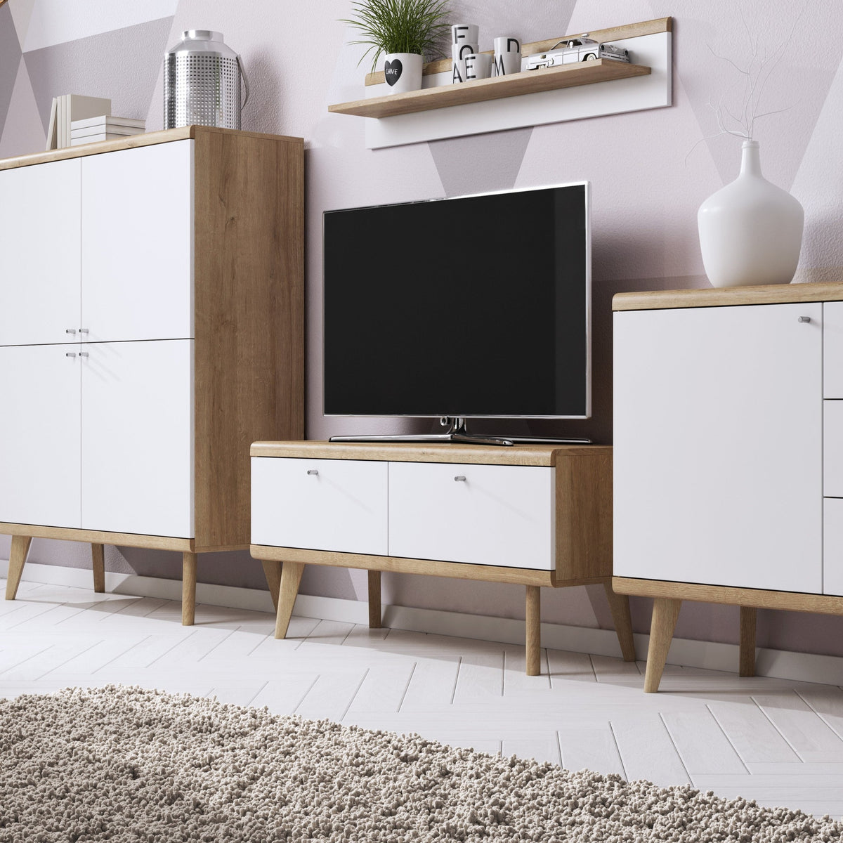 Lato TV Unit / TV Stand 107x50, Scandinavian Style – Riviera Oak, Wooden Legs, MDF Fronts – in a room setting