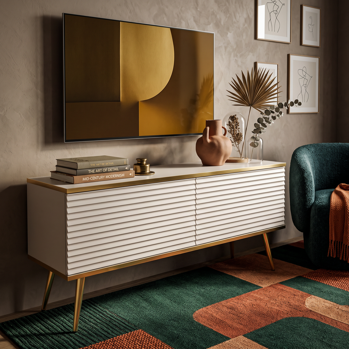 Meva TV Unit / TV Stand 135x30, Modern Style – in a room setting
