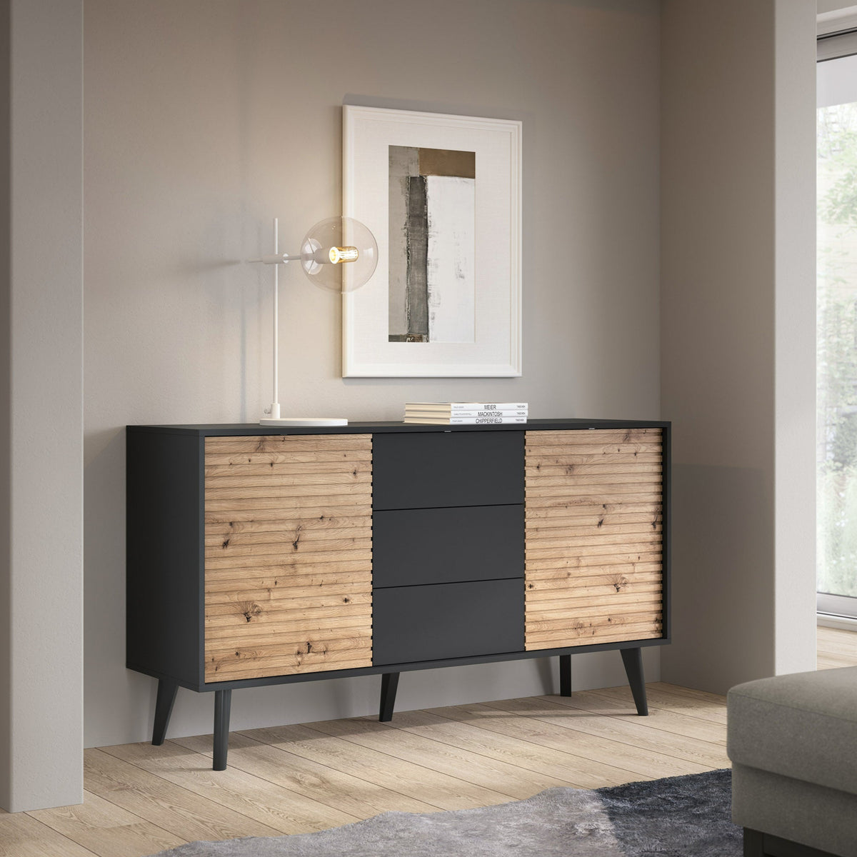 Las Sideboard with Drawers and Doors 154x83, Loft Style – in a room setting