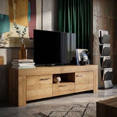 Gorky TV Unit / TV Stand Set with Shelf 155x50 + 155x20, Modern Style – in a room setting