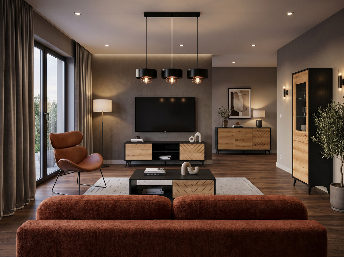 Modern living room with a brown Ferum armchair, black and wood Nirwana furniture, a light Linaro rug and a black Spirra pendant lamp