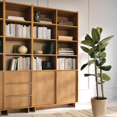 Kiyro Tall Bookcase 98x201 with Doors and Shelves, Japandi Style – in a room setting