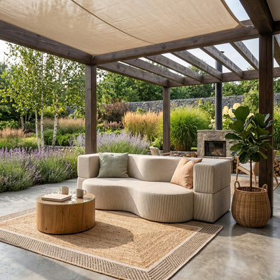 Kamelia Outdoor Foam Sofa Bed in Modern Style with Organic Form in Harris Outdoor Fabric – in a room setting