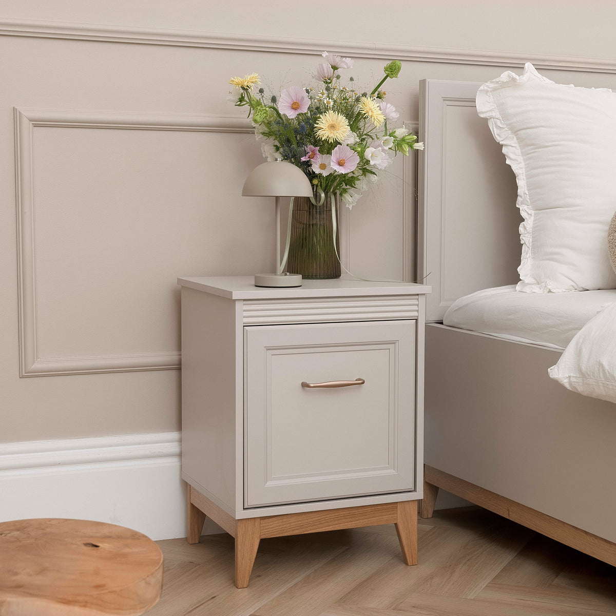 Serena Bedside Table 45x62 on Oak Legs, Modern Classic Style – in a room setting