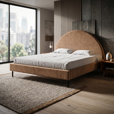 Zora Upholstered Ottoman Bed with a Semicircular Headboard and Storage 140x200, 160x200 and 180x200, Soft Modern Style – in a room setting