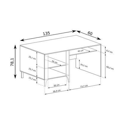 Bureau EKLIPSO 135x78 avec meuble fermé de style moderne - dessin coté | Pillovely