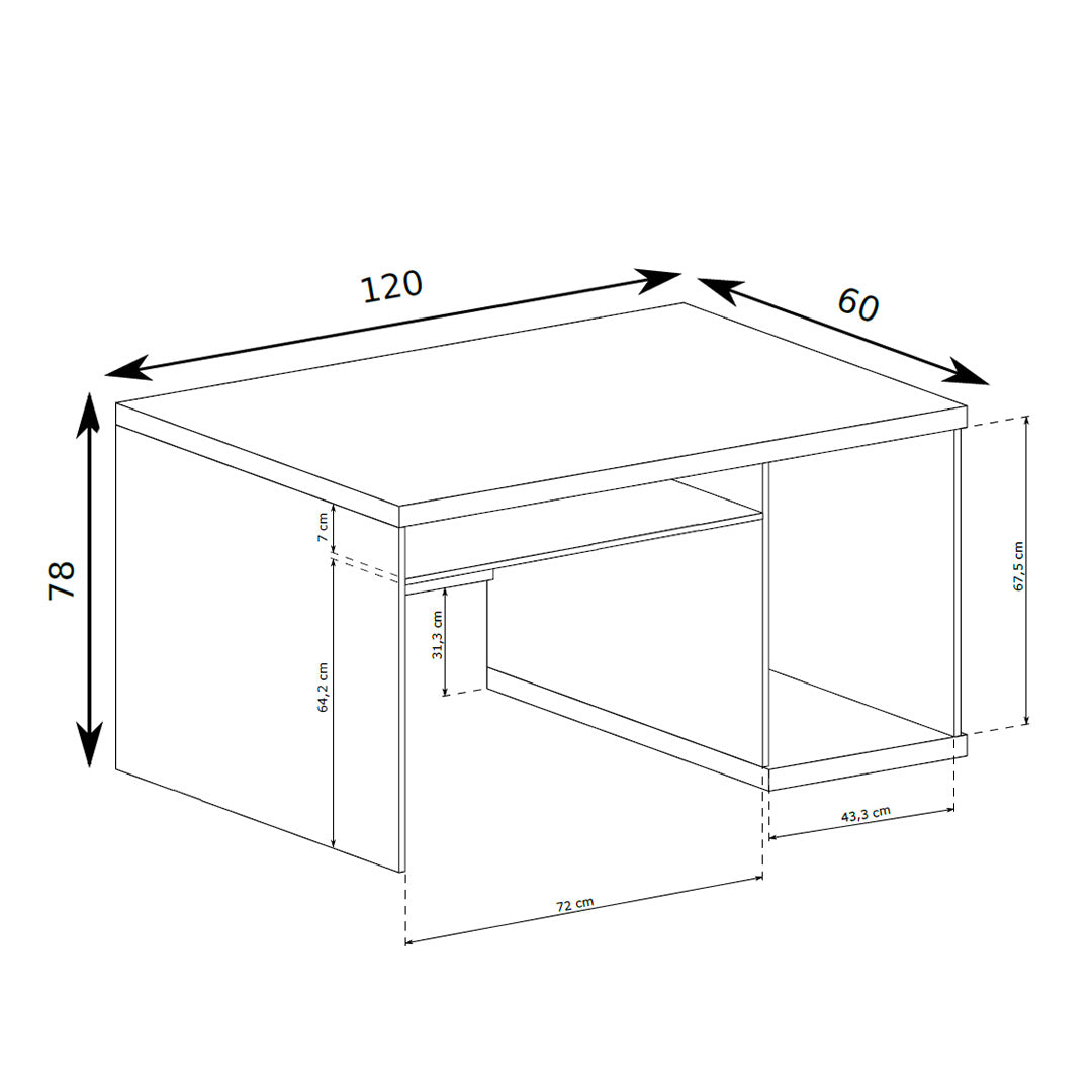 Bureau Korin 120x78 – maattekening met breedte, hoogte en diepte