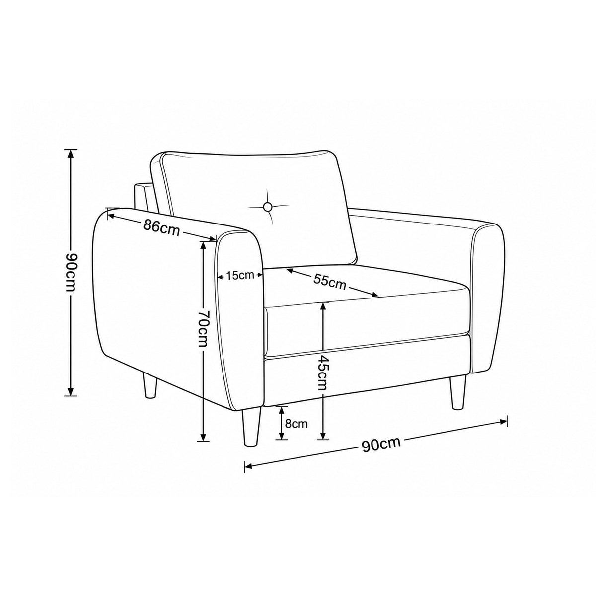 Harmi-fauteuil 90 cm – maatschets met de hoogte van de zitting, de armleuningen en de poten