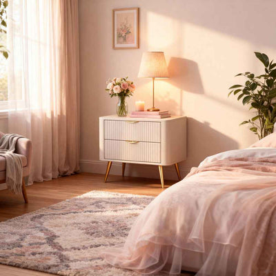 Laanti Bedside Table with 2 Drawers 63x55 cm, Elegant Style – in a room setting
