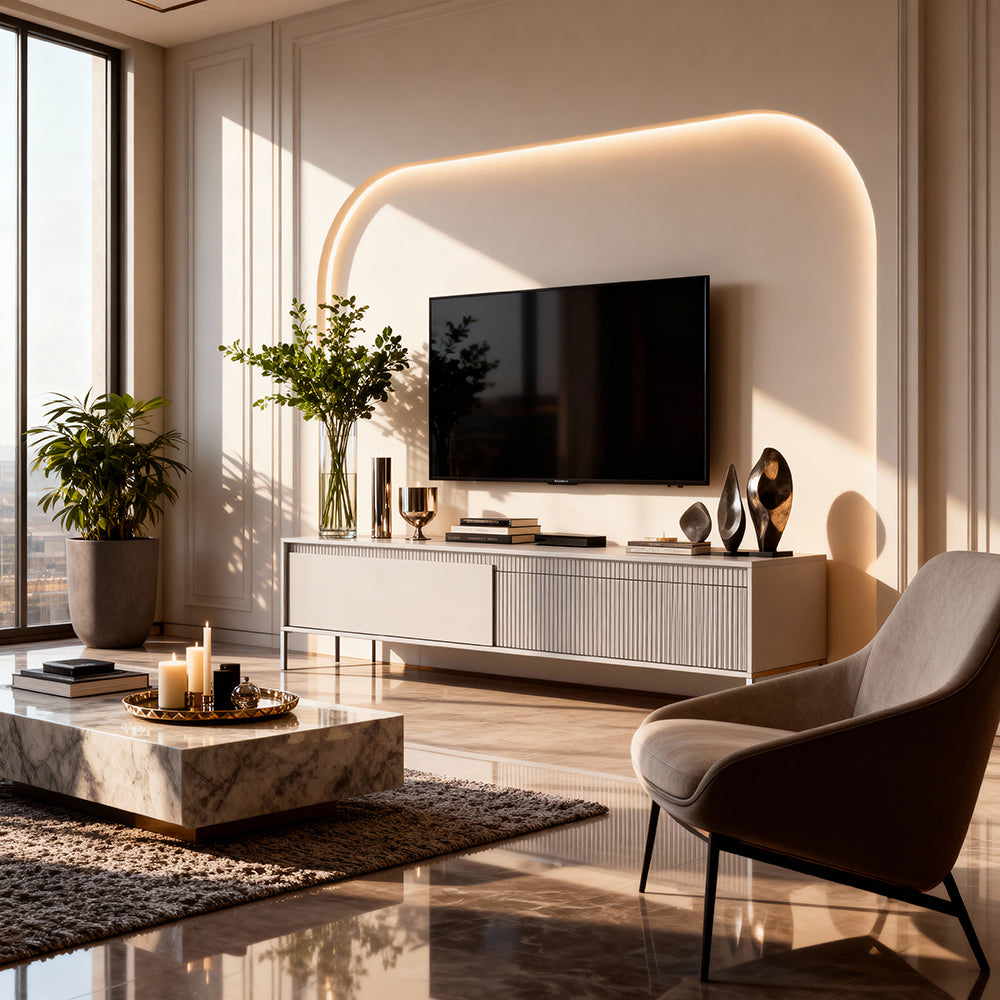 Senra 2-door TV Unit / TV Stand 187x53, Japandi Style – in a room setting