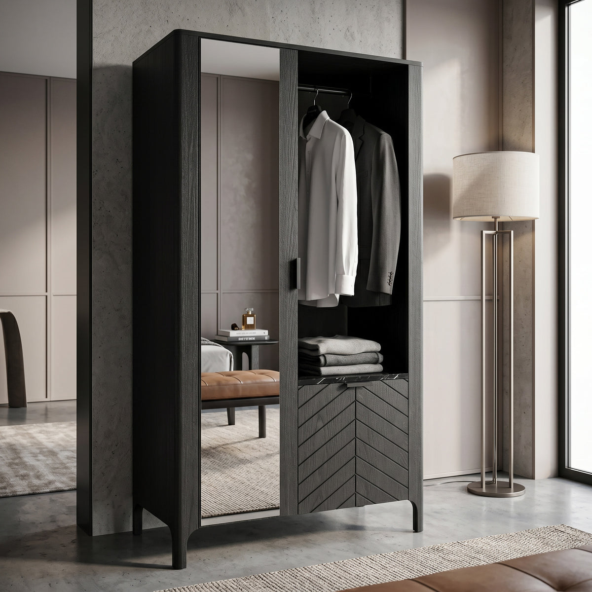 Garderobekast EKLIPSO 105x197 met spiegel in moderne stijl, kleur zwart – in een interieur | Pillovely