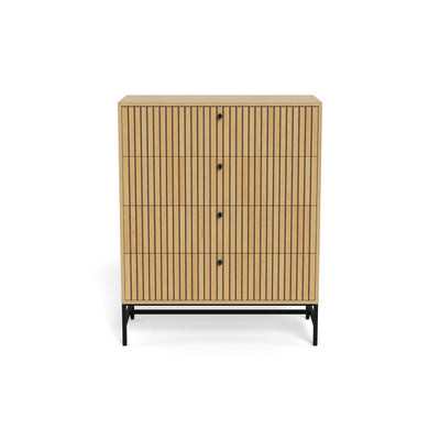 Commode Bambouz 81 x 100 en chêne – vue de face sur la façade à lamelles avec des poignées noires