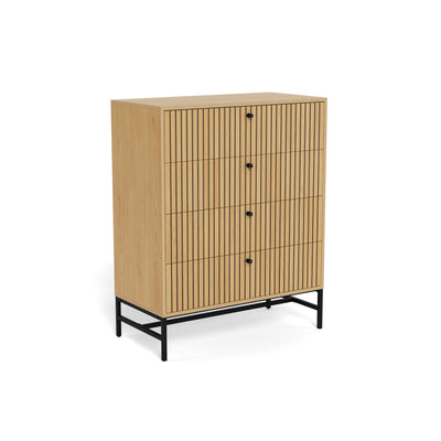 Commode Bambouz 81 x 100, couleur chêne – vue de profil sur les quatre tiroirs à lamelles et le socle noir