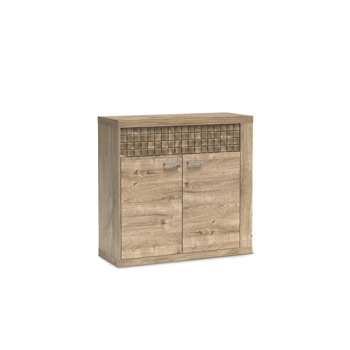 Dressoir Korin 102x99 in eiken – laag dressoir met lade en tweedeurs kastje, schuin aanzicht