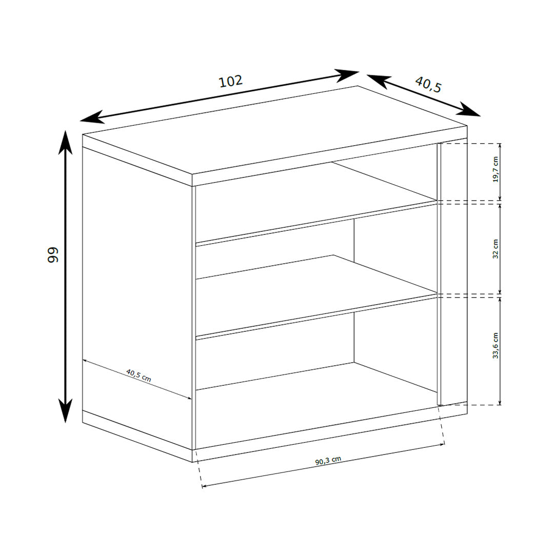 Dressoir Korin 102x99 – maattekening met breedte, hoogte en diepte