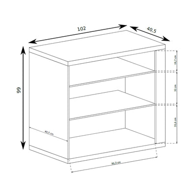 Dressoir Korin 102x99 – maattekening met breedte, hoogte en diepte