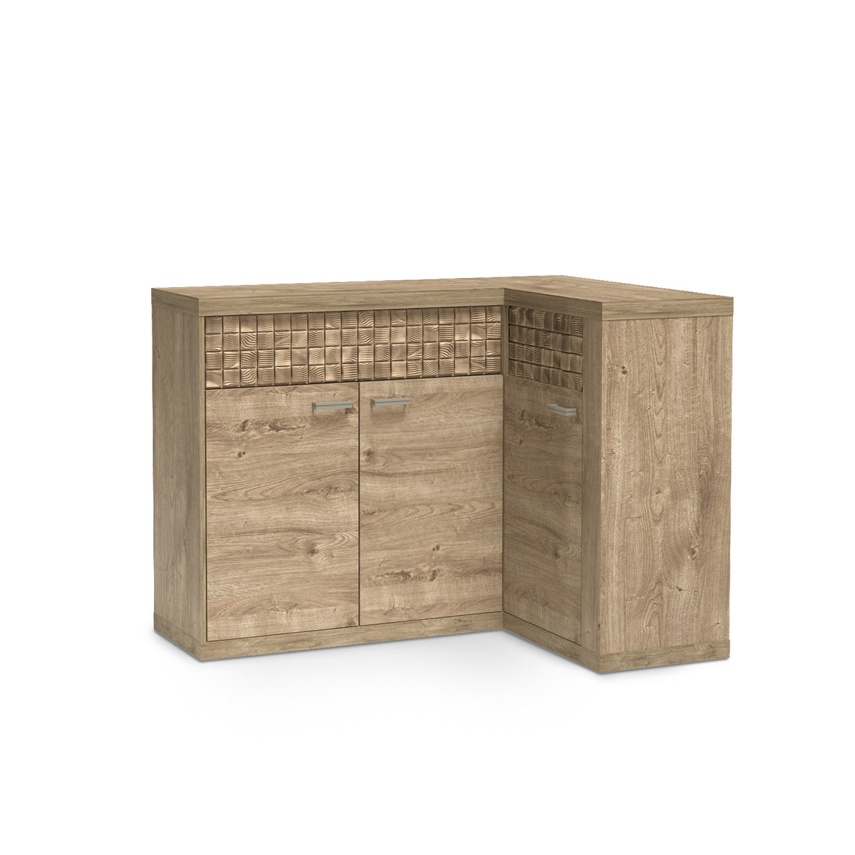 Dressoir Korin 132x99 in eiken – L-vormig hoekdressoir met geribbeld front, schuin aanzicht