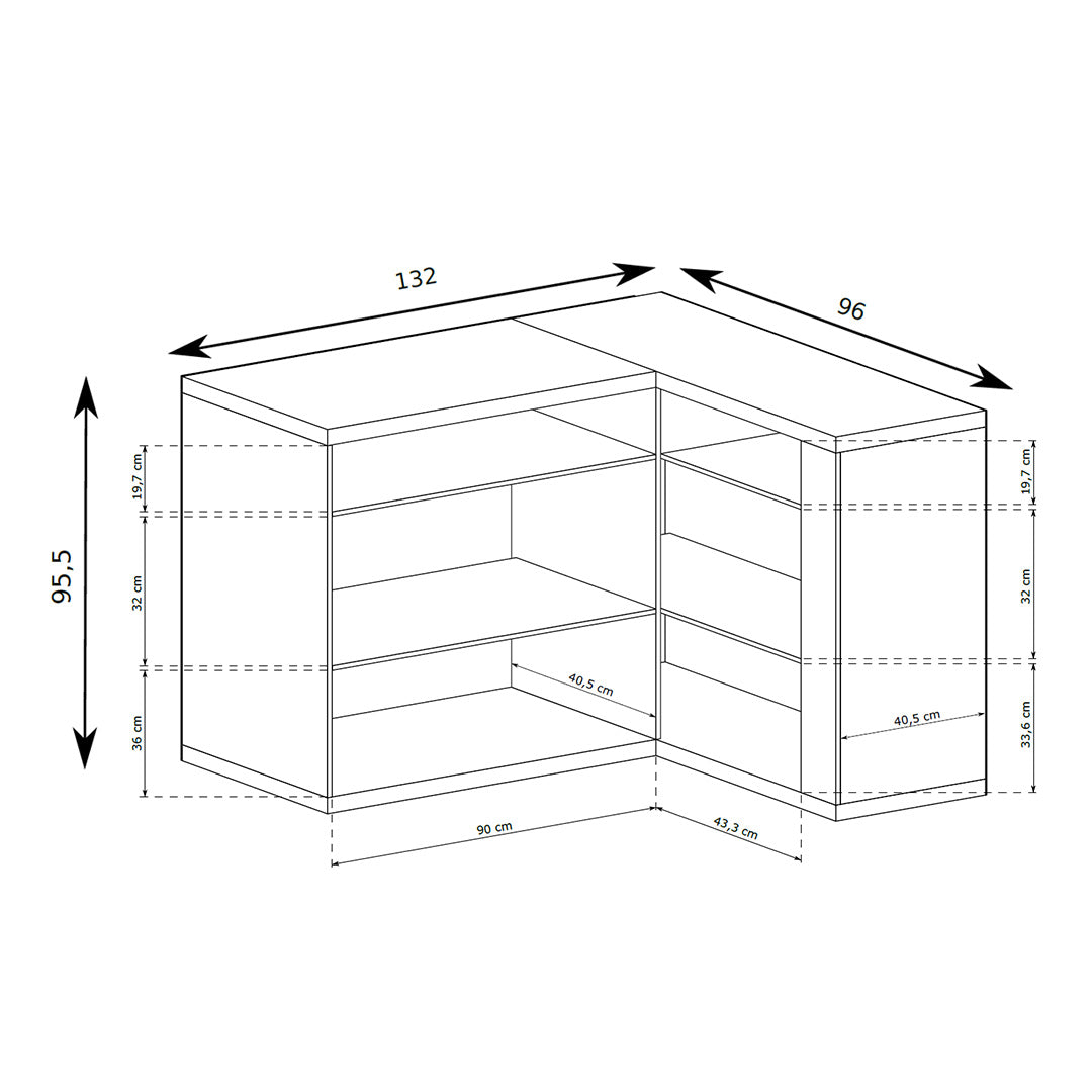 Dressoir Korin 132x99 – maattekening met breedte, hoogte en diepte