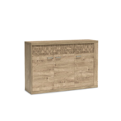 Dressoir Korin 147x99 in eiken – driedeurs dressoir met geribbelde front boven de deuren, schuin aanzicht