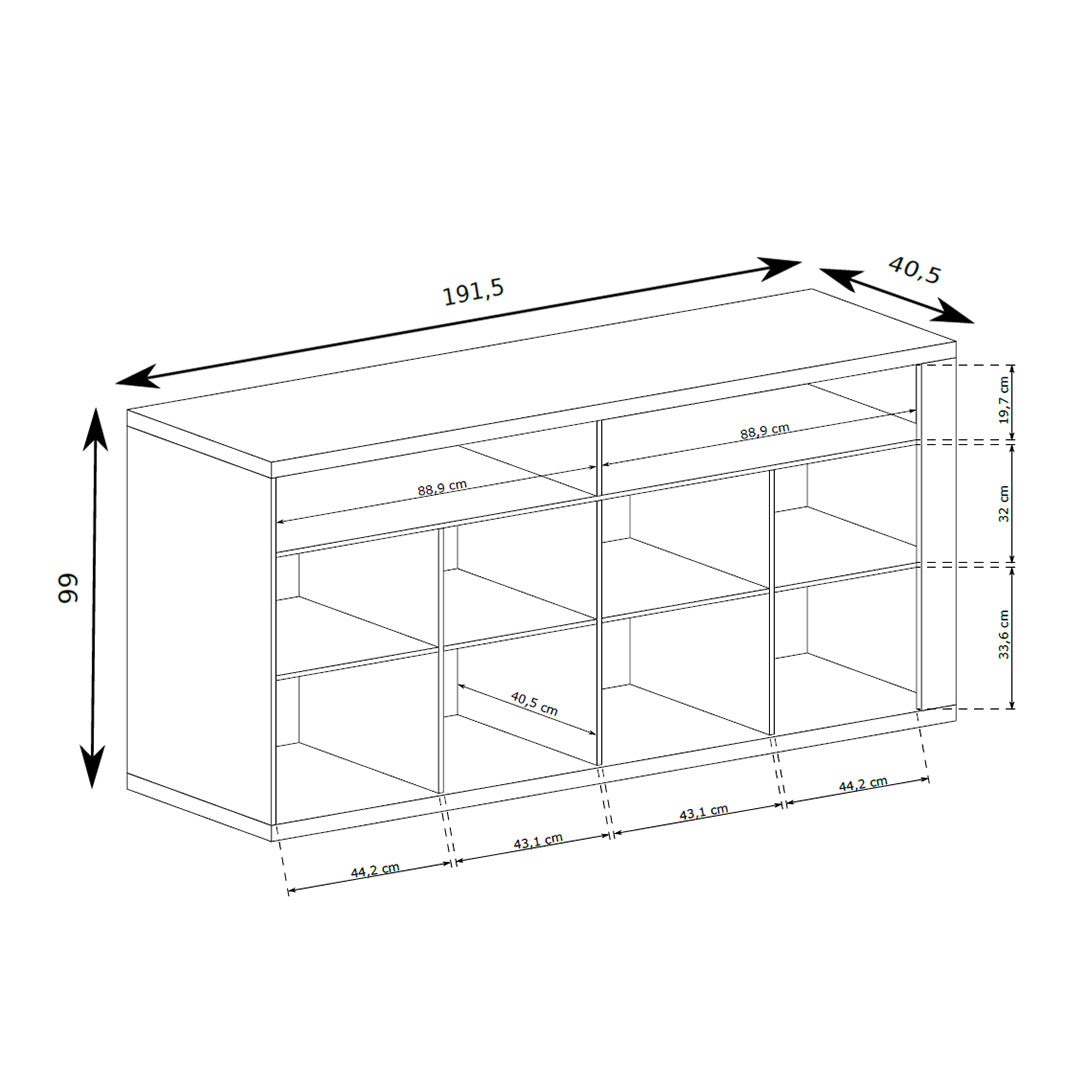 Dressoir Korin 192x99 – maattekening met breedte, hoogte en diepte