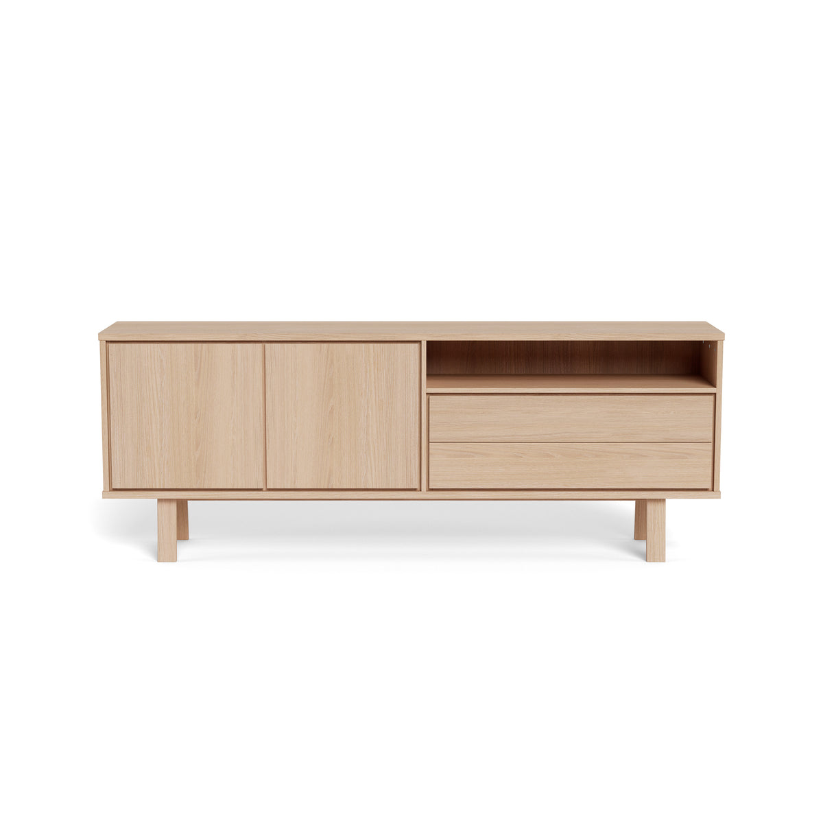 Commode Lurisse 200 x 75, chêne blanchi – vue de face, deux portes et deux tiroirs sans poignées, avec système « push-to-open »