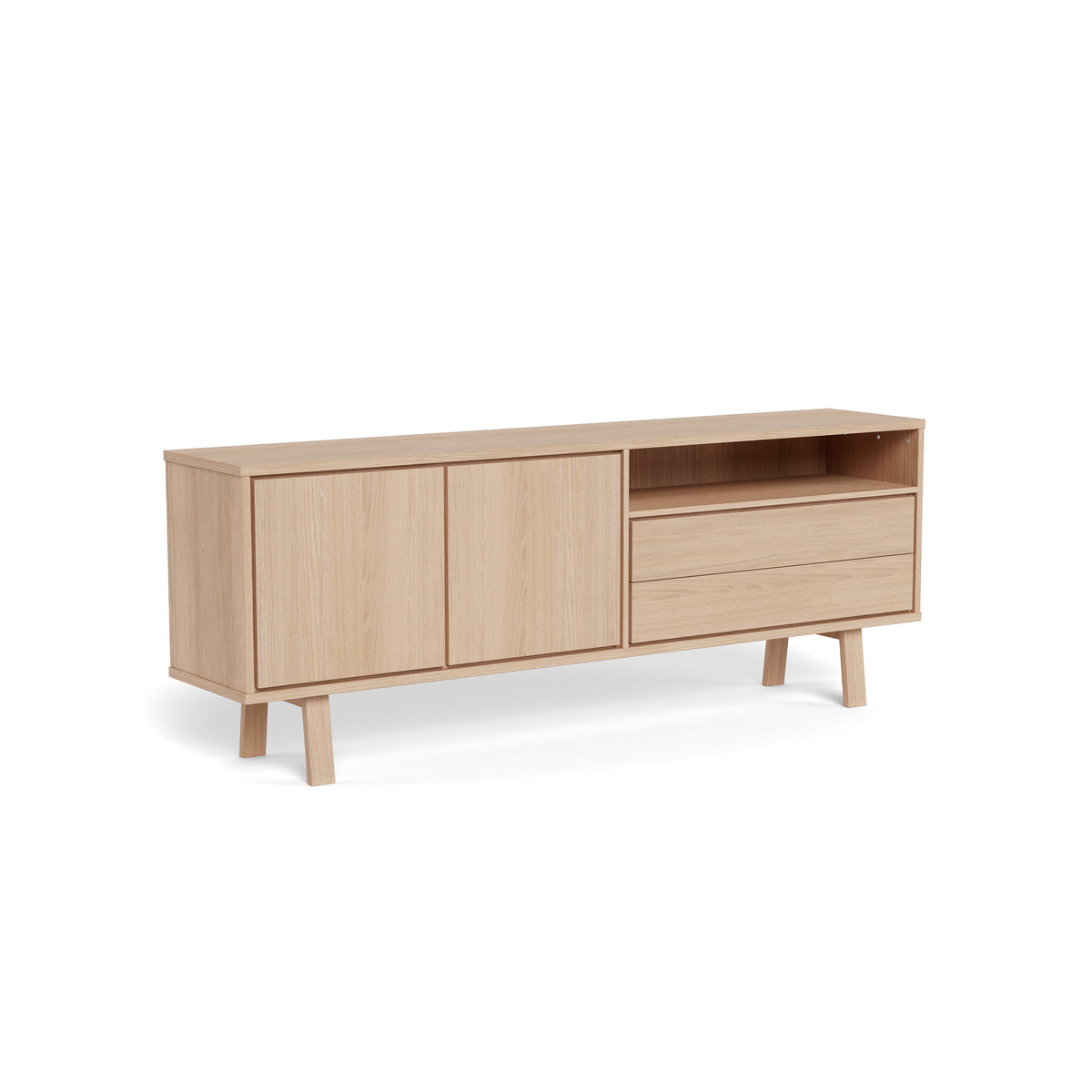 Commode Lurisse 200 x 75, chêne blanchi – vue de profil, commode de style scandinave avec portes, tiroirs et compartiment ouvert