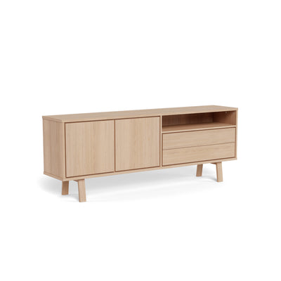 Commode Lurisse 200 x 75, chêne blanchi – vue de profil, commode de style scandinave avec portes, tiroirs et compartiment ouvert