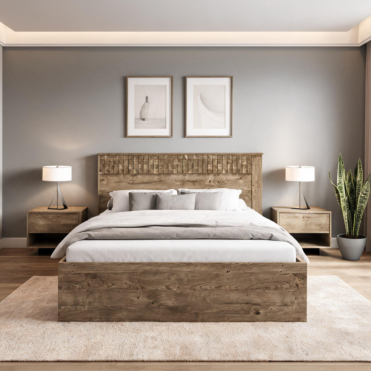 Bed Korin 160x200 in een slaapkamer met grijze muren en prints – bed met opbergruimte voor beddengoed