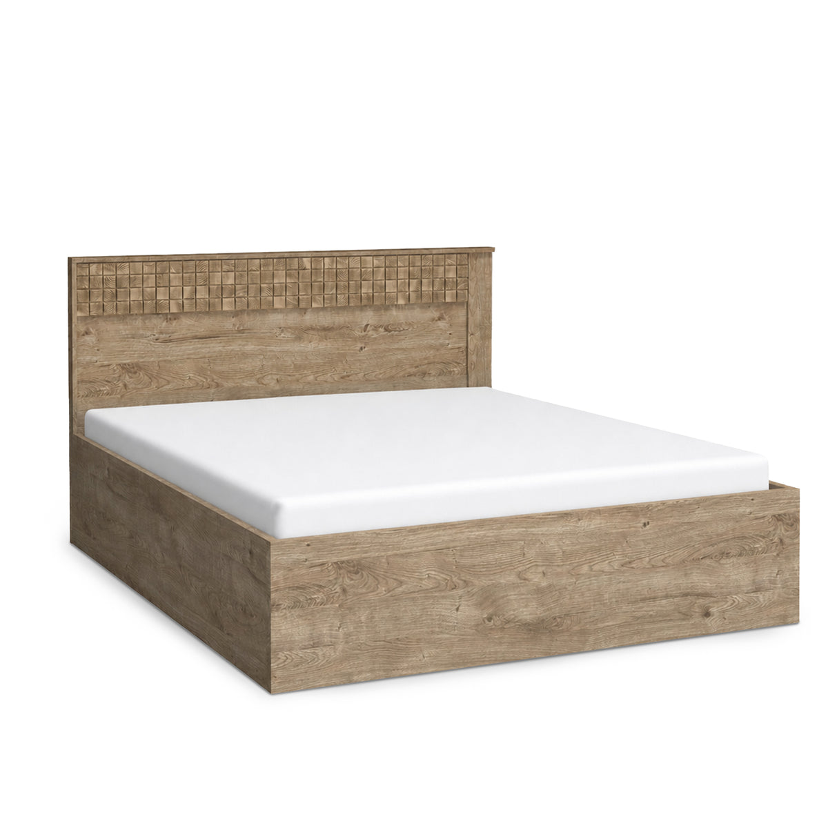 Bed Korin 160x200 in eiken – bed met opbergruimte en hoog hoofdbord met geribbeld front