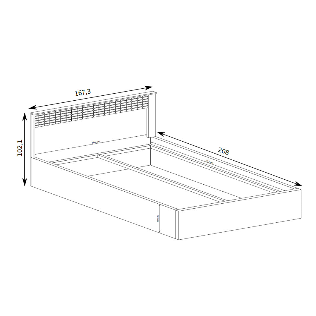 Bed Korin 160x200 – maattekening met breedte, lengte en hoogte