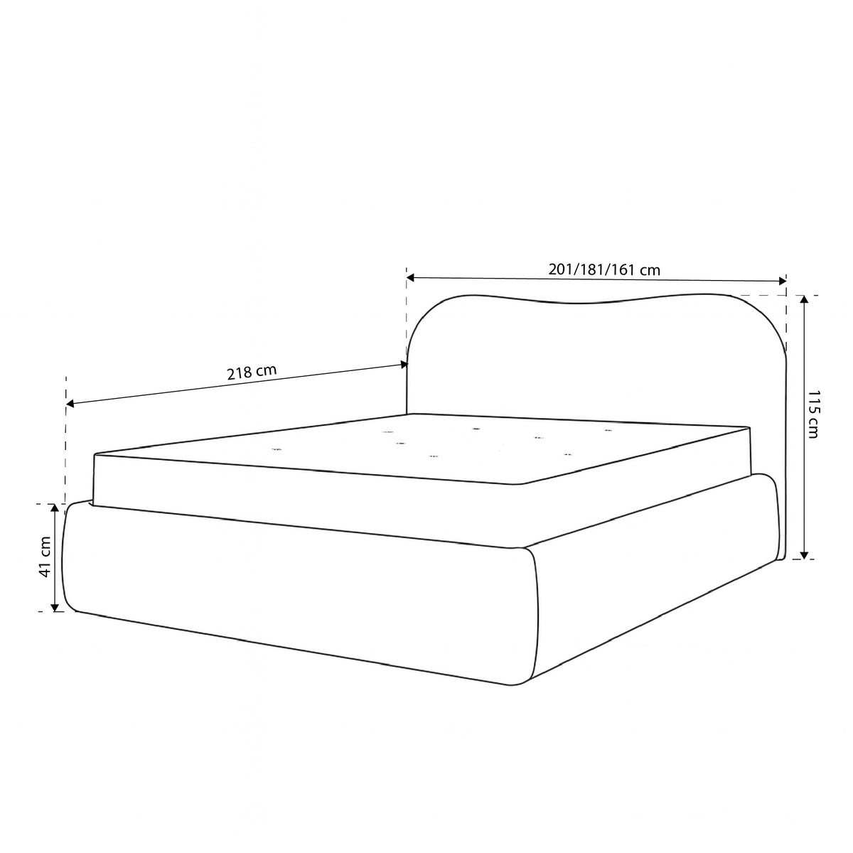 Leo Upholstered Ottoman Bed with Storage, Modern Style – dimensions drawing