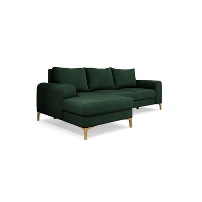 Arpelo-hoekbank 245x145, linkszijdig, kleur Bosmos (MANILA 35) op gouden poten – moderne hoekbank in boho-stijl
