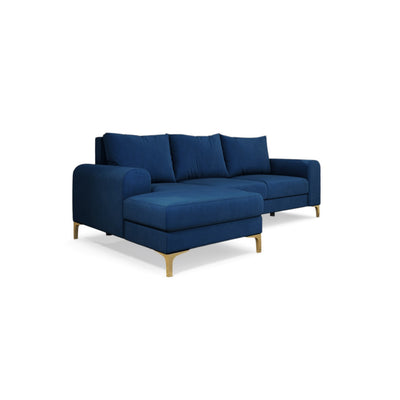 Arpelo-hoekbank 245x145, linkszijdig, kleur Nachtblauw (MANILA 26) op gouden poten – hoekbank met slaapfunctie, schuin aanzicht