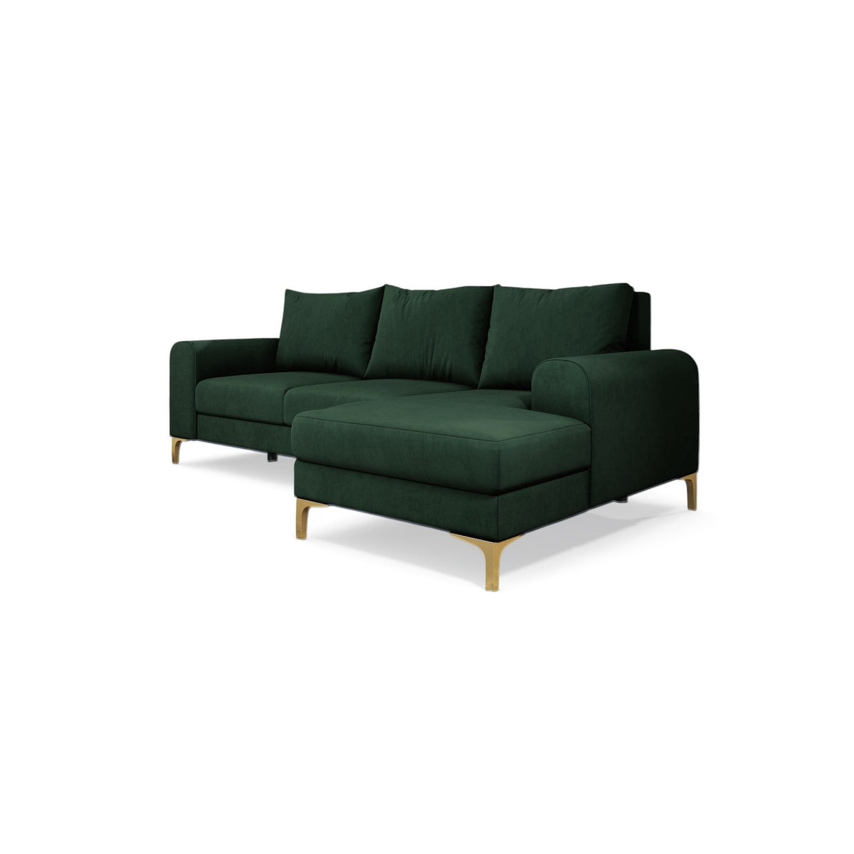 Arpelo-hoekbank 245x145, rechtszijdig, kleur Bosmos (MANILA 35) op gouden poten – moderne hoekbank in boho-stijl
