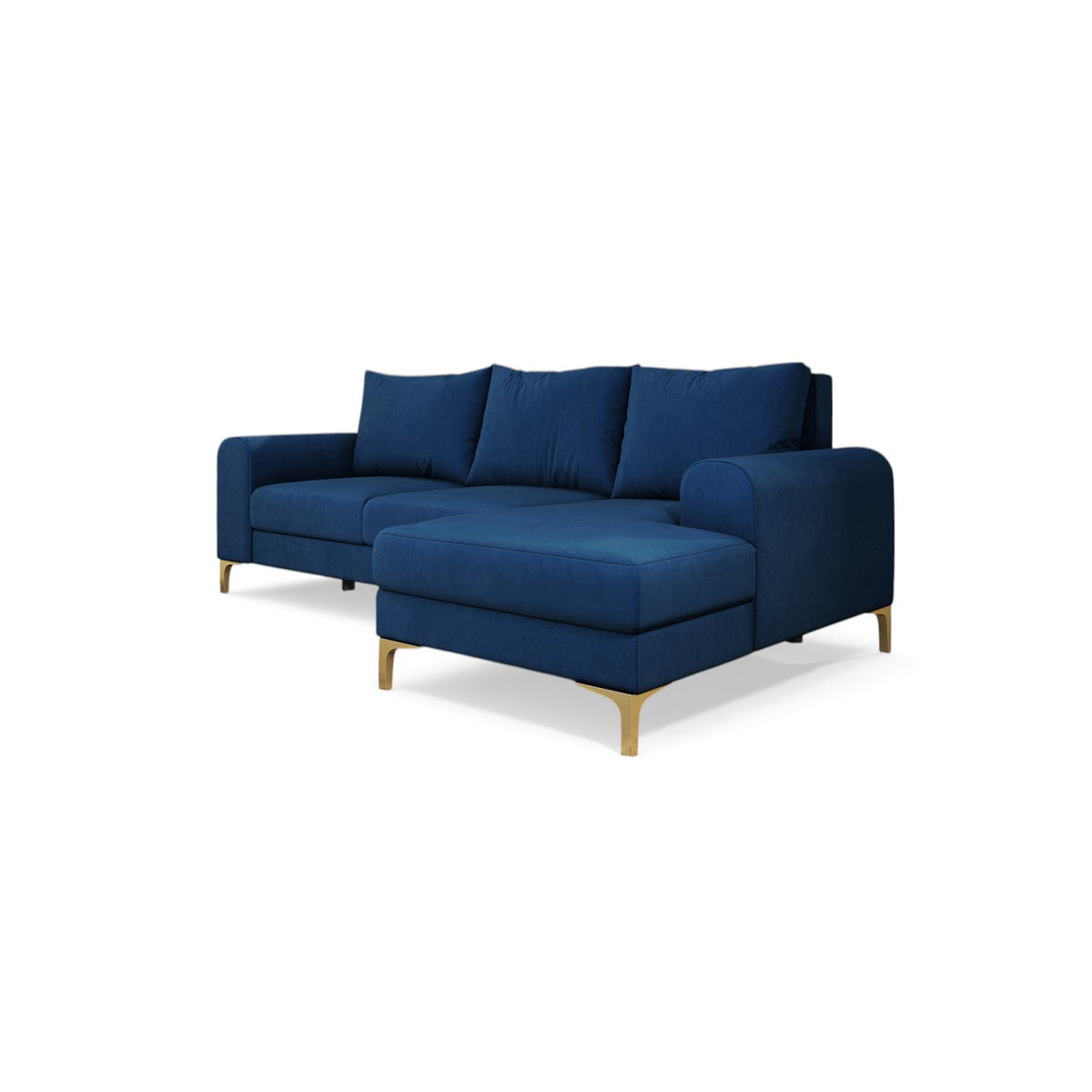 Arpelo-hoekbank 245x145, rechtszijdig, kleur Nachtblauw (MANILA 26) op gouden poten – chaise longue aan de rechterkant, schuin aanzicht