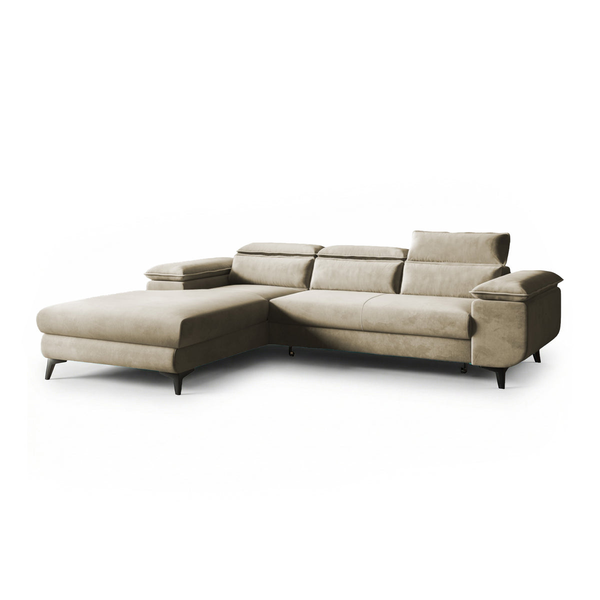Canapé d'angle Bessi 276x205, version gauche, Sable Olive (MONOLITH 04), avec appuie-têtes – canapé d'angle convertible en velours