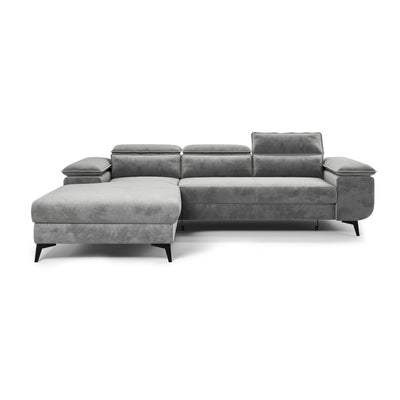 Canapé d'angle Bessi 276x205, version gauche, Brume Grise (MONOLITH 84) – vue de face, chaise longue et pieds hauts noirs